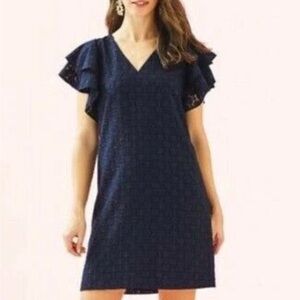 Lilly Pulitzer Kathie Dress Women's Size 2 Navy Blue Flutter Sleeve V-Neck